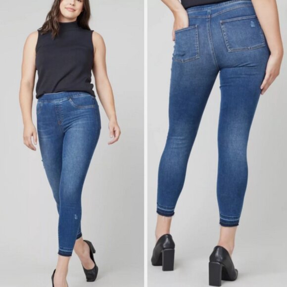 Spanx High Rise Skinny Distressed Jeans Large Blue Raw Hem Comfy 20203 - Picture 1 of 11